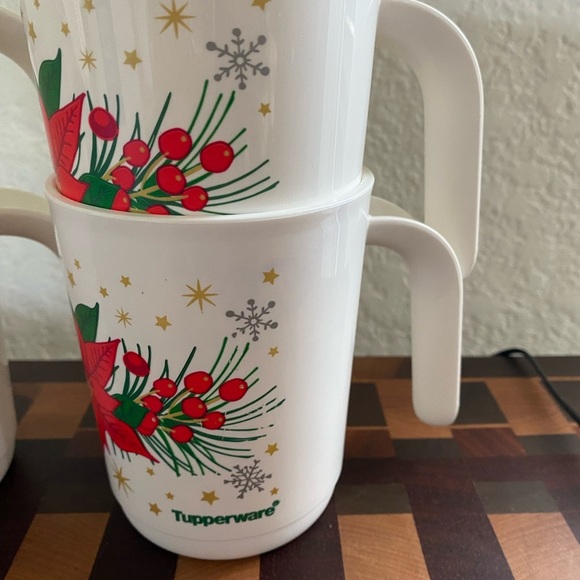 4 Tupperware Ilumina Poinsettia Festive Holiday Stackable Mugs Red White 350ml - Picture 8 of 14